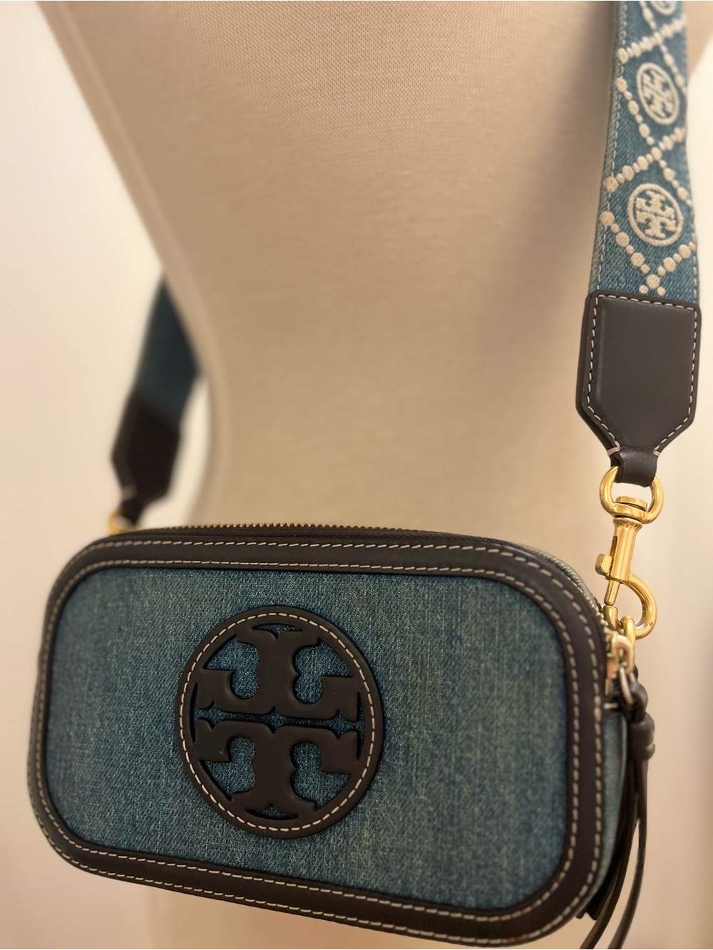 Tory Burch Mini Miller Denim Crossbody Bag Navy Leather Trim Logo Strap